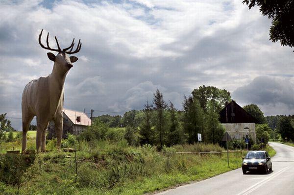 Jeleń zamiast billboardu – monstrualna rzeźba reklamuje pobliski warsztat artystyczny