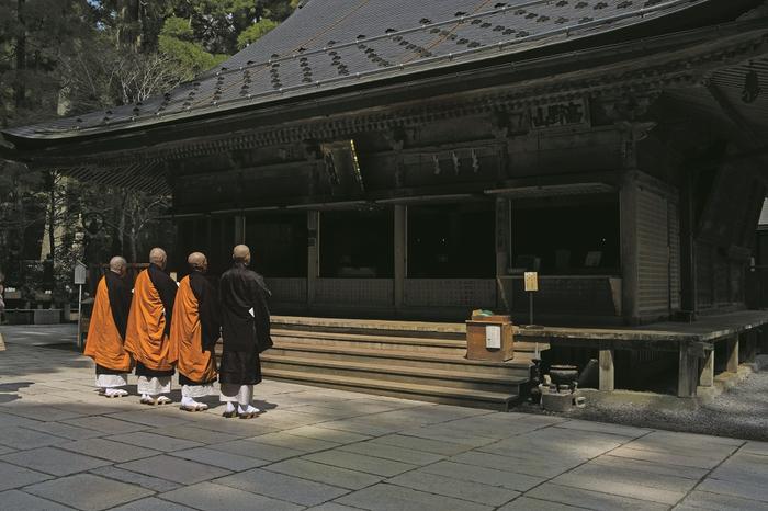 Koyasan – mnisi idą gęsiego, stukając drewnianymi sandałami