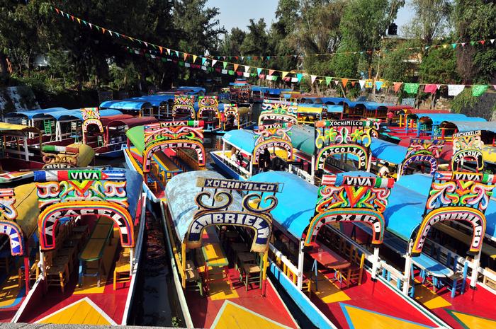 Kolorowe łodzie w dzielnicy Xochimilco w Meksyku