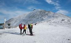 Karokonosze, narciarze ze szczytem Śnieżki w tle